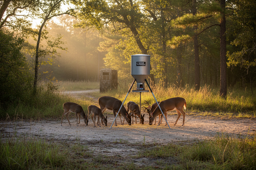 Deer feeding at Game Winner automatic feeder in woods