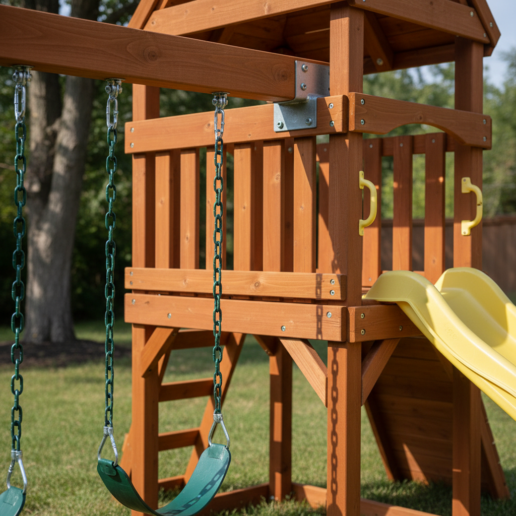Premium wood construction detail of West Fork playset