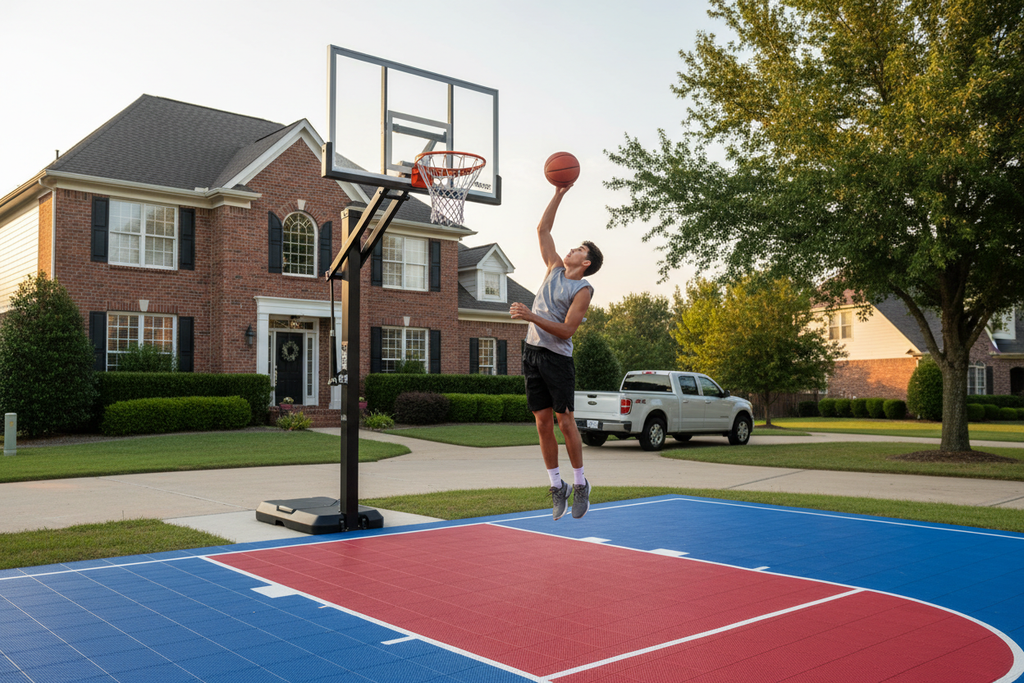 Teen dunking on Silverback NXT in-ground basketball hoop