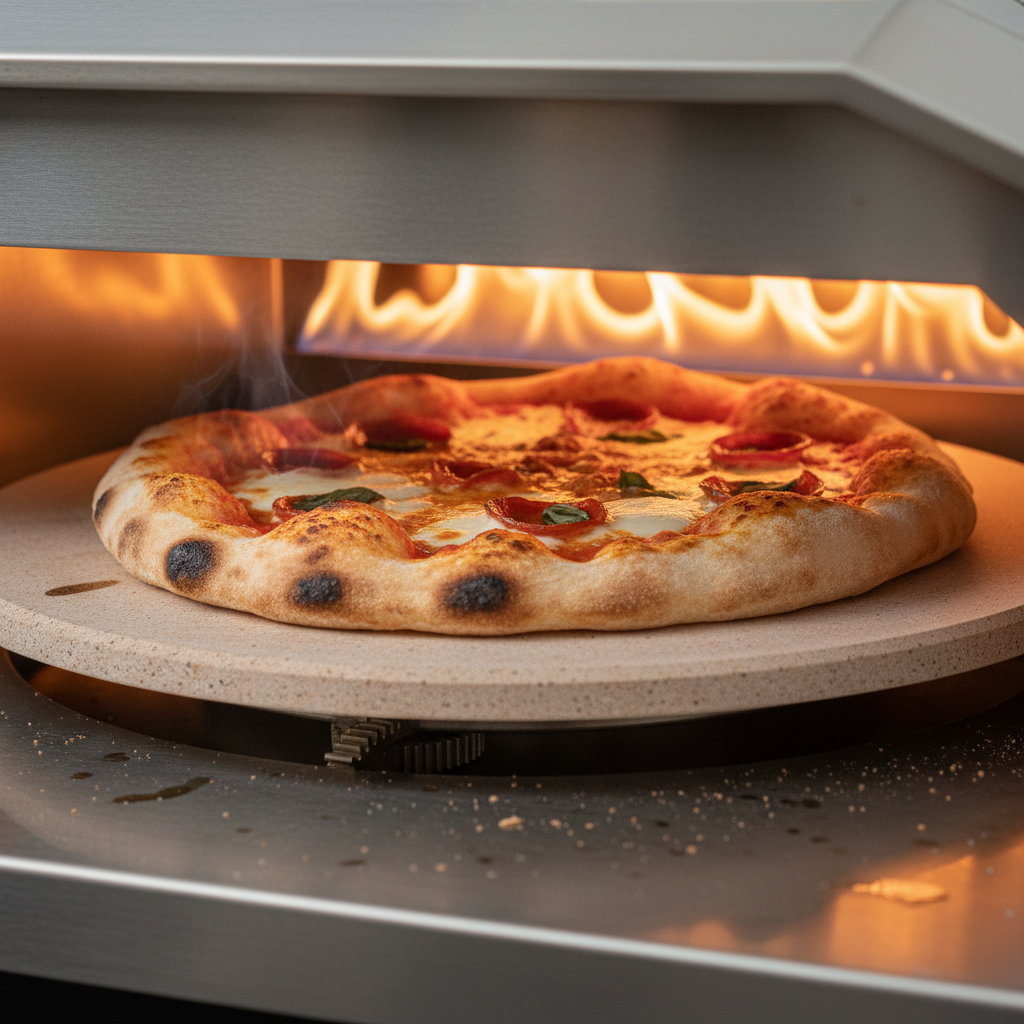 Close-up of pizza cooking on auto-rotating stone