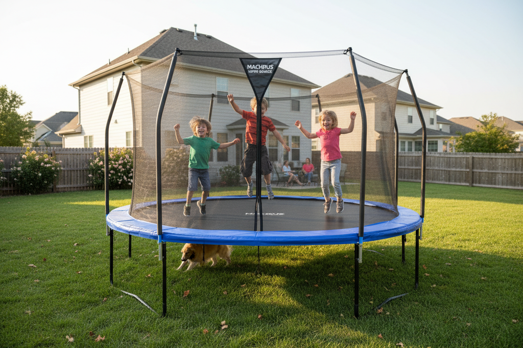 Children jumping on Upper Bounce trampoline in backyard