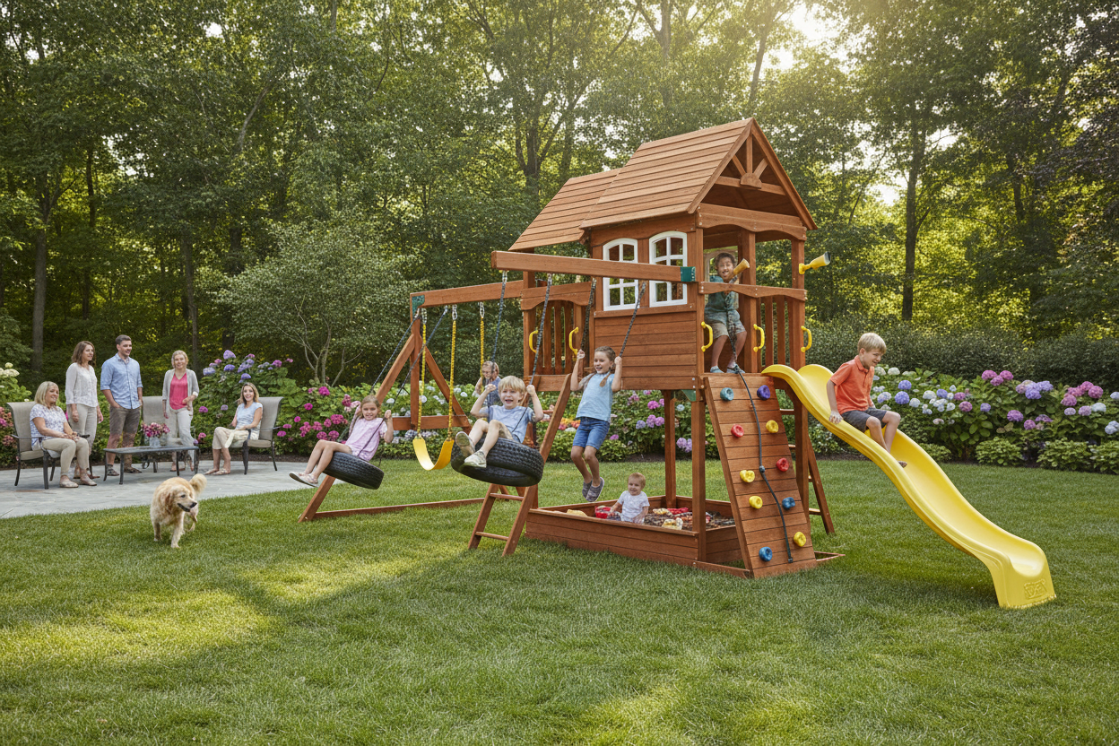 Children playing on AGame West Fork multi-level playset
